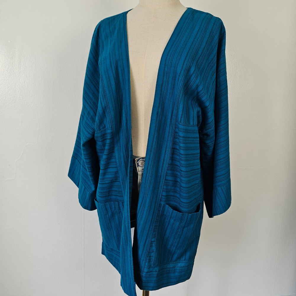 Soul Flower Boho Stripe Kimono Sz S/M Teal Blue Open Front Cardigan Yoga Wrap